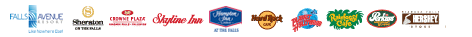 Falls Avenue - Sheraton on the Falls - Crowne Plaza Niagara Falls-Fallsview - Skyline Inn - Hampton Inn by Hilton At The Falls - Hard Rock Cafe - Planet Hollywood - Rainforest Cafe - Perkins Restaurant - Hershey Store